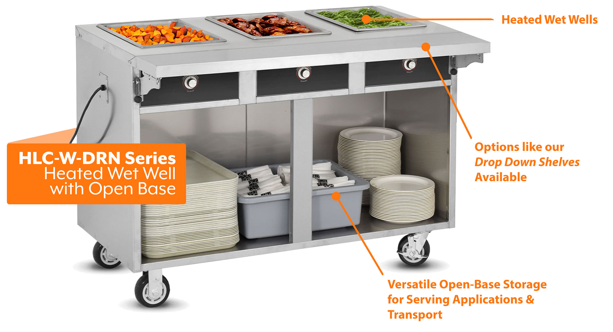 HLC-W-DRN Series: Heated Wet Serving Well with Open Base Storage Below